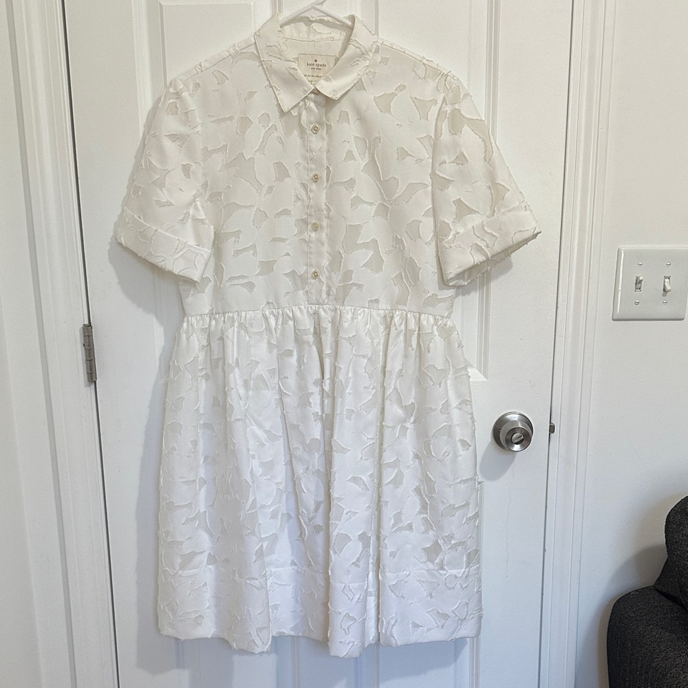 Kate Spade White Short-Sleeve Textured Floral Shirt Dress with Pockets Size 8 - Picture 3 of 7